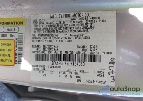 2013 Ford Fusion Se z USA, uszkodzony, nr VIN 3FA6P0H72DR137363